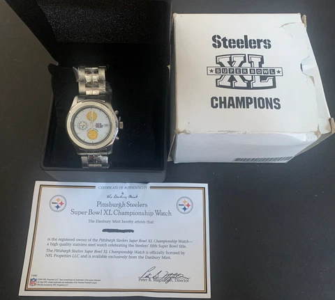 Danbury Mint Pittsburgh Steelers Super Bowl XL Champions Watch Mens New In Box Cover