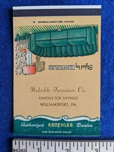Vtg WILLIAMSPORT PA RELIABLE Furniture KROEHLER Matchcover Salesmens Sample FLAT - Picture 1 of 2