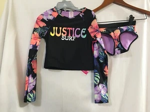 NWT Justice Girl Rash Guard SET 2 pc Black Floral Swimsuit UPF 50+ many sizes - Picture 1 of 4