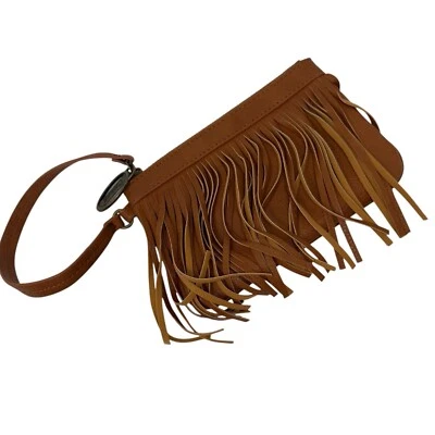 Bolso de Mano Carlos Pequeño con Flecos Cuero Sintético Tostado Cremallera Bolso sin asas 8" x 6 Necesita Reparación Foto 1 de 4