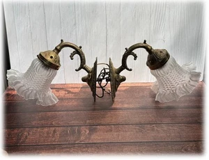 Vintage Pair French Style Brass Wall Sconces Frosted Glass Shades Artolier Corp - Picture 1 of 19