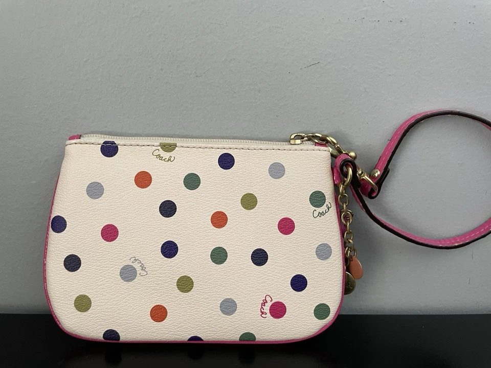 ТРЕНЕР белая кожа в горошек бумажник застежки кошелек с ремешком золото оборудование, ремень - Изображение 1 из 4