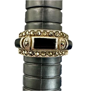 VTG Ring Signed NF 925 Sterling Silver BLACK ONYX & MARCASITE size 6 4.5g Goth - Picture 1 of 6