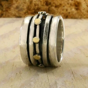 Spinner Contemporary Two Tone Solid 9k Yellow Gold Sterling Silver Ring Size - Picture 1 of 8