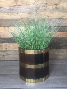 ANTIQUE 12 SIDED COOPERED MAHOGANY & BRASS BARREL PLANTER JARDINIERE WINE COOLER - Picture 1 of 12