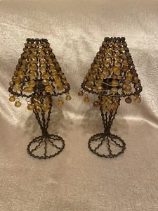 Beautiful Vintage Pair Of TWISTED METAL AND BEAD TEA LIGHT LAMP CANDLESTICKS - Picture 1 of 6