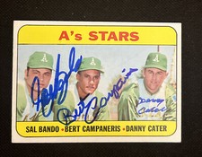 SAL BANDO, BERT CAMPANERIS, DANNY CATER 1969 TOPPS A’S SIGNED AUTOGRAPHED CARD
