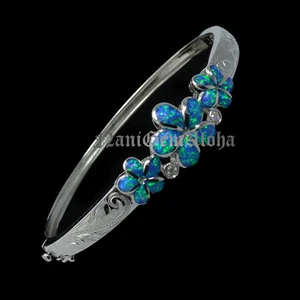 Hawaiian Bangle Bracelet Opal 3 Flower Plumeria Scroll Engraving Sterling Silver - Picture 1 of 2