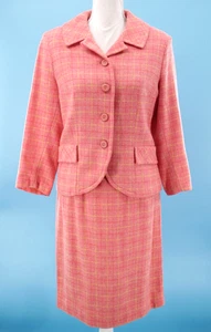 VTG Women's 60s 2 Pc Salmon Pink Plaid Wool Dress Suit XS/S 1960s Jacket & Skirt - Picture 1 of 24