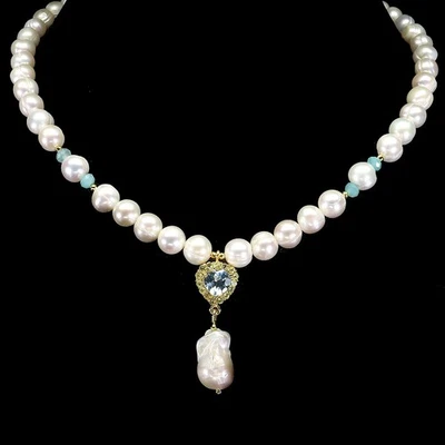 925 Sterling Silver Necklace Heart Blue Topaz Chalcedony Pearl Natural Gemstone - Image 1 of 4