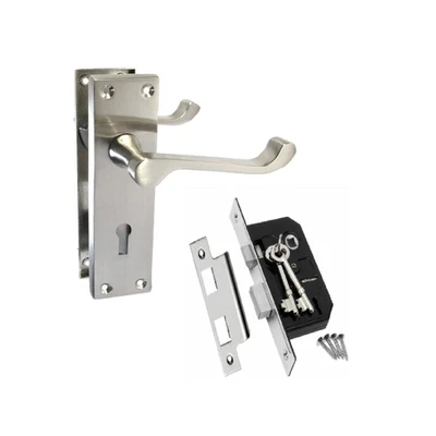 Satin Nickel Victorian Scroll Lock Door Handles + 3 Lever Mortice Sash Lock Set. - Image 1 of 4