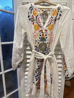 Boden Linen Balloon Sleeve Tie Waist Dress Pockets 10R - Image 1 of 4