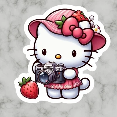 Gatito Gato, Lindo Fotógrafo Fresa Adorable Pegatina Vinilo Brillante, Calcomanía Foto 1 de 2