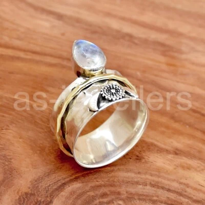 Banda de plata de ley 925, piedra lunar, joyería hecha a mano, banda giratoria Foto 1 de 4