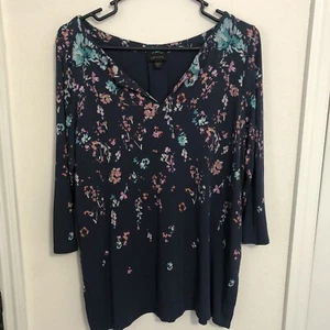 J. Jill Wearever Split-Neckline Tunic Top Shirt Size M Inkwell Blue Floral New - Picture 1 of 9