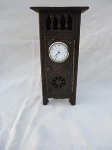 ANTIQUE FRENCH BRITTANY BRETON CARVED WOOD MINIATURE FURNITURE DOLL DESK CLOCK - Picture 1 of 12