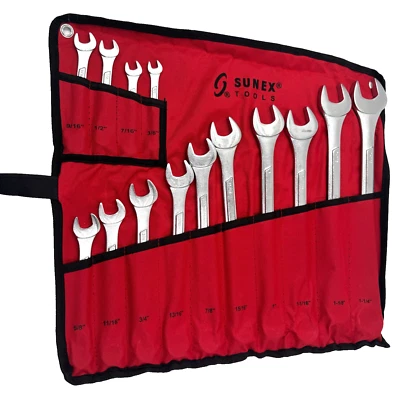 Sunex Mechanics Auto Combination Wrench Set Fabric Case 15pc SAE Raised Panel - Image 1 of 4