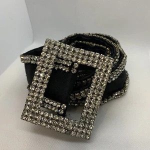 Vtg. Black Belt Made Out Of Black Material W/ Edges & Buckle Clear Rhinestones - Picture 1 of 10