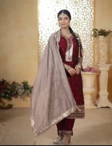 Indian Style Pure Chinon Silk Maroon Salwar Kameez With Dupatta For Engagement - Picture 1 of 13