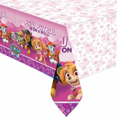 243x137cm Disposable PVC Tablecloth Kids Party Pink Paw Patrol & 59mm Badge - Image 1 of 3