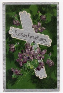 LOVELY ANTIQUE PFB EASTER POSTCARD CROSS WITH VIOLETS 1908 031820 - Picture 1 of 2