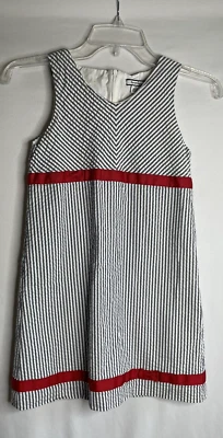 Girl’s Size 8 Hartstrings Dress Navy Blue White Seersucker Red Bow Nautical - Image 1 of 4
