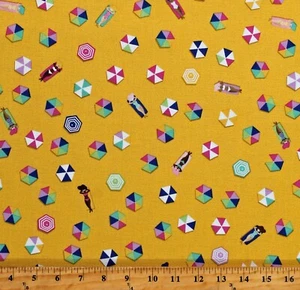 Cotton Beach Umbrellas Summer Sunbathing Yellow Fabric Print by the Yard D786.93 - Picture 1 of 1