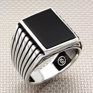 Anillo para hombre de piedras preciosas de ónix negro natural con forma de rectángulo de plata de ley 925 maciza - Imagen 1 de 7