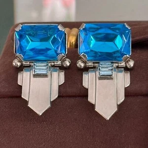Vintage Zoe Coste French Blue Rhinestone Dangling Earrings - Picture 1 of 5