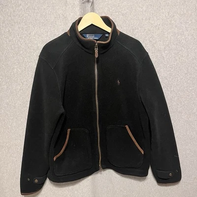 Vintage 90s Polo Ralph Lauren Men’s Fleece Jacket Sz XL Full Zip Pony Black Tan - Image 1 of 4