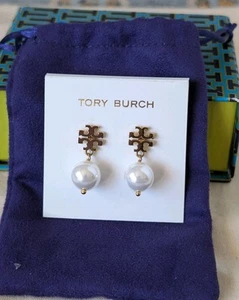 Tory Burch Gold & Pearl Drop Earrings With Signature Logo - Picture 1 of 4
