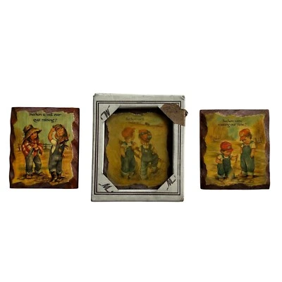 Vintage Wood Plaques Wintermute RECKON Set of 3 Boys Girls Granny Core Nostalgic - Image 1 of 4