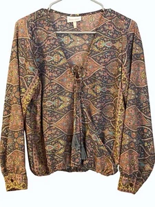 Boemo Boho Paisley Print Peasant Blouse Tassel Tie Long Sleeve M - Picture 1 of 9