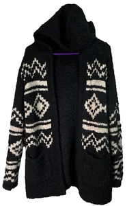 Sonoma Open Front Knit Cardigan Sweater Black Beige Aztec Womens Medium Hood - Picture 1 of 16