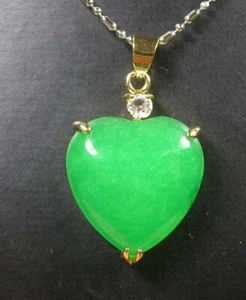 Genuine Green Jade Love Heart Cubic Zirconia 18KGP Pendant Chain Necklace - Picture 1 of 6