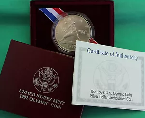 1992 Olympic BU 90% Silver Dollar BASEBALL Coin Set US Mint Box and COA UNC - Picture 1 of 4