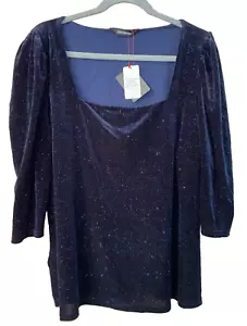 Caleidoscopio taglie forti 22 blu navy velluto scintillante collo quadrato manica a sbuffo TOP - Foto 1 di 1