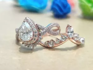 3Ct Pear Cut Certified Moissanite Bridal Wedding Set Ring 14K Rose Gold Plated - Picture 1 of 7