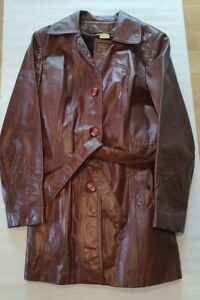 Brauner Leder Vintage Jacke Mantel Krawatte Taillengürtel Größe 12 Kunstfell gefütterter Knopf 
