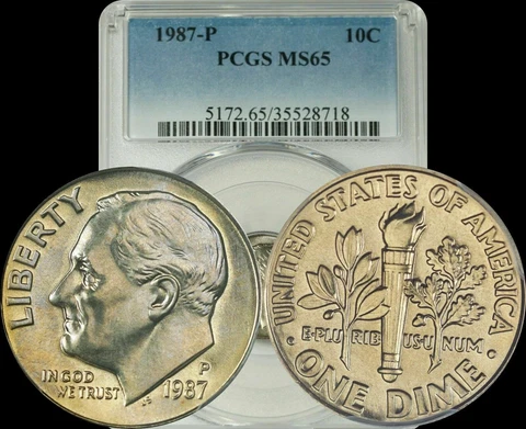 1987-P Roosevelt Dime PCGS MS65 HIGH GRADE LIGHT TONED COLORING BU GEM Cover