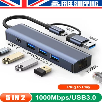 USB 3.0 Type-C to Ethernet RJ45 Adapter Network LAN Gigabit 1000Mbps USB C Hub - Image 1 of 4