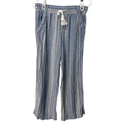 Pantalones para mujer Jolt pequeños azules verticales a rayas azules mezcla de lino bohemio natural Foto 1 de 4