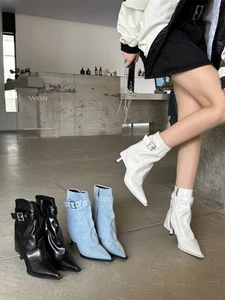 Womens Pointed Toes Retro Thin Heels High Heels Short Boots Mid Pants Tube Boots - Picture 1 of 11