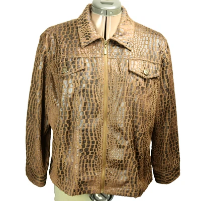 Ruby Rd. Chaqueta de imitación de cocodrilo con cremallera completa, bolsillos con cierre de solapa en el pecho, marrón 14 Foto 1 de 4