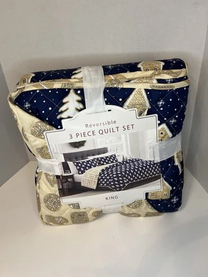 Nuevo Juego de Edredón Reversible 3 Piezas King Size Azul Navidad Pan de Jengibre Casa  Foto 1 de 3