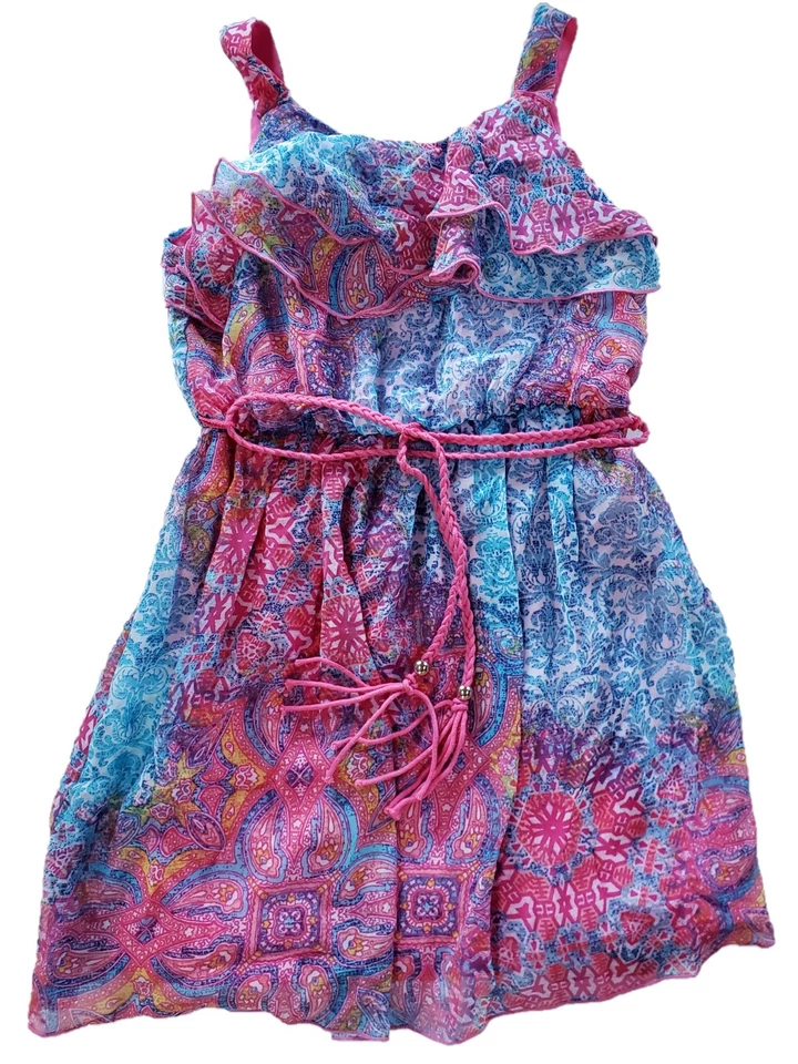 Vestido de Verano Niñas Rosa Estampado Paisley Boho Chic Cinturón Capas Fluido Volantes 5 Foto 1 de 1