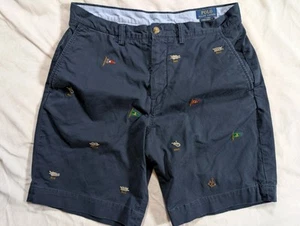 Vintage Polo Ralph Lauren Blue Chino Shorts AOP Embroidered Knots Sail Mens 32 - Picture 1 of 11