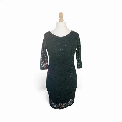 Dress 12  black 3/4 Sleeve Lace sequins Bodycon little stretch Christmas wedding - Image 1 of 4