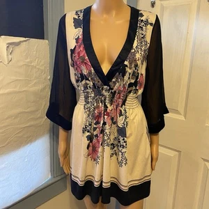 XXI Y2K Women 1/M Top Kimono Mini Dress Swim Coverup Floral Cottagecore Coastal - Picture 1 of 8