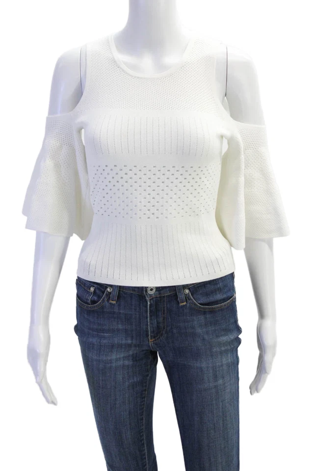 Suéter Otoño Cachemira Mujer Hombro Frío Mangas Cortas Blanco Talla Pequeña Foto 1 de 4